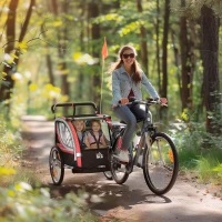 HOMCOM Rimorchio Bici per Bambini e Passeggino, Design 2 in 1 con Freno, Cintura a 5 Punti, Carrello Rimorchio per Bicicletta con Tasche Laterali, Catarifrangenti e Bandierina, Rosso(m-2)