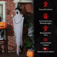 HOMCOM Dekoracja na Halloween 204 cm Wiszący Duch z Aktywacją Dźwiękową, Świecącymi Oczami, Funkcją Dźwiękową Biały(m-7)