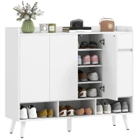 HOMCOM Szafka na Buty z 4 Drzwiami, Design Otwierania na Naciśnięcie, Regulowane Półki, Szuflada, Białe Drewniane Nogi, 120 x 35 x 100 cm, Biały(m-11)