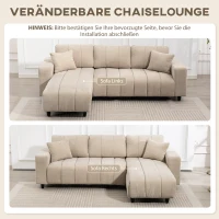 HOMCOM L-förmiges Ecksofa mit flexibler Chaiselongue, 3-Sitzer-Couch mit 2 Kissen, Metallrahmen, für Wohnzimmer, Beige(m-4)