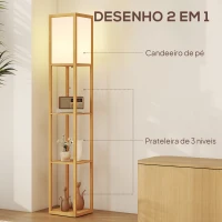 HOMCOM Candeeiro de Pé de Madeira com 3 Prateleiras para Lâmpada E27 Potência Máx. 40W 26x26x160 cm Madeira e Branco(m-4)