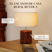 HOMCOM Lámpara de Mesa Rústica Lámpara de Mesita de Noche con Base de Madera Pantalla de Lino Interruptor Basculante Marrón(m-4)
