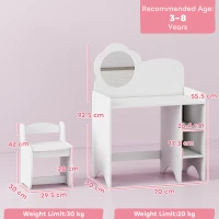 AIYAPLAY Kids Dressing Table with Mirror, Stool, Kids Vanity Table with Shelves, for Ages 3-8 Years, White(m-3)