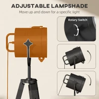 HOMCOM Industrial Tripod Floor Lamp, Nautical Searchlight with Adjustable Height, Wood Legs, E14 Lamp Base for Living Room, Bedroom, Black(m-6)