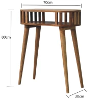 Solid Wood Ariella Console Table with Hand-finished, Open Shelf, Desk with Scandi-inspired Nordic Legs, Circular Design, 30L x 70W x 80H cm, Brown(m-3)