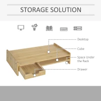 HOMCOM Monitor Riser Laptop PC Plinth Stand TV Computer Desktop Organiser W/ Drawer Bamboo(m-5)
