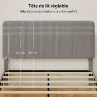 HOMCOM Cadre de lit 160 x 200 cm, sommier à lattes en bois, tête de lit réglable, lit double rembourré en velours côtelé, gris(m-4)
