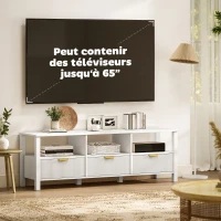 HOMCOM Meuble TV 152 cm, meuble télé pour téléviseur 65 pouces avec 3 tiroirs et 3 étagères ouvertes, 152x39,5x50cm, blanc(m-4)