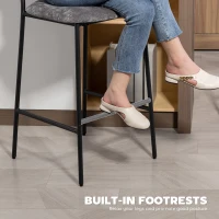 HOMCOM Zestaw 2 hokerów, tapicerowane wysokie krzesła do blatu kuchennego, domowego baru, oparcie, podnóżek, obicie z tkaniny, stal, szary(m-7)