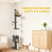 PawHut Albero per Gatti a Soffitto Alto 220-240 cm con Amaca, Casetta, Piattaforme a Fiore e Pali in Sisal, Grigio(m-6)