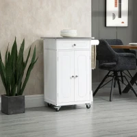 HOMCOM Chariot de service desserte de cuisine à roulettes multi-rangements 1 tiroir placard 2 portes avec étagère porte-torchons MDF blanc acier inoxydable(m-10)