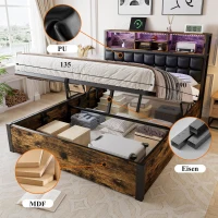 Hydraulic Storage Bed with Charging Sockets and LED Strip, Double Bed with Hydraulic Storage, 208L x 141W x 107H cm, Black+Neutral(m-4)