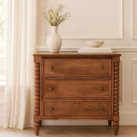 Solid Mango Wood Spindle Chest with 3 Drawers and Turned Spindle Legs, Bedside Cabinet with Ample Storage, 35L x 80W x 80H cm, Brown(m-1)