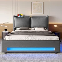 Modern Upholstered Bed with Headboard Shelf and Dual USB‑C Ports, Double Bed with LED Lighting, 142.5L x 200W x 114H cm, Dark Gray(m-10)