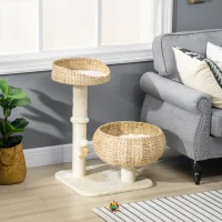 PawHut Árvore de Gato Arranhador 2 Níveis Altura 72 cm Poste Sisal com Toca e Plataforma 1 Bola Suspensa(m-6)