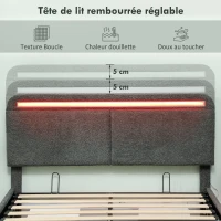 HOMCOM Lit coffre 140 x 190 cm avec éclairage LED, tête de lit réglable, cadre de lit double, sommier à lattes en bois, gris(m-6)