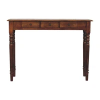 Solid Mango Wood 3-Drawer Console with Turned Legs, Ample Storage, Desk for Generous Organisation and Built to Last, 35L x 110W x 80H cm, Brown(m-2)
