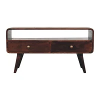 Solid Mango Wood Curved Media Unit with 2 Drawers and Open Shelf, Eco-Conscious TV Unit with Lemon Scent, 35L x 90W x 47H cm, Brown(m-2)