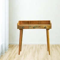 Solid Mango Wood Writing Desk with 3 Drawers and Storage Slots, Gallery-back Shell with Generous Organisation, 45L x 100W x 90H cm, Brown(m-1)