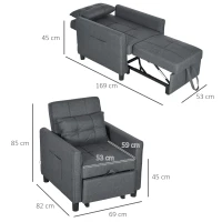 HOMCOM Fauteuil convertible 1 place 3 en 1 dossier réglable en 3 positions oreiller inclus 2 poches latérales 69x82x85cm gris(m-3)