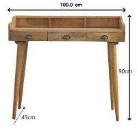 Solid Mango Wood Writing Desk with 3 Drawers and Storage Slots, Gallery-back Shell with Generous Organisation, 45L x 100W x 90H cm, Brown(m-3)