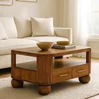 Solid Mango Wood Coffee Table with 2 Smooth-gliding Drawers, Tea Table with Shelf for Organised Storage, 55L x 85W x 46H cm, Brown(m-1)