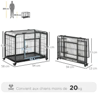 PawHut Gaiola Dobrável para Cão Caixa de Transporte com Rodízios 2 Portas Trancáveis Bandeja Amovível 94x58x69,5 cm Cinza Escuro(m-3)