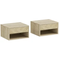 HOMCOM Set of 2 Modern Wall-Mounted Nightstands with Drawer and Open Shelf, 37x32x21 cm, Natural Wood(m-1)