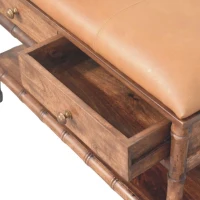 Solid Mango Wood Storage Bench with 2 Smooth-Gliding Drawers, High-Resilience Cushioned Seat with Shelf, 35L x 90W x 55H cm, Brown(m-6)