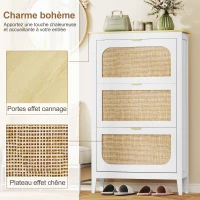 HOMCOM Meuble à chaussures 21 paires bohème avec 3 tiroirs rabattables, portes effet cannage rotin, 80 x 24 x 131 cm, blanc(m-4)