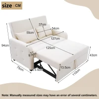 Multifunctional Folding Sofa Bed with Adjustable Backrest and 2 Cushions, Daybed Ideal for Small Flats, 127L x 75-180W x 94H cm, Off White(m-3)