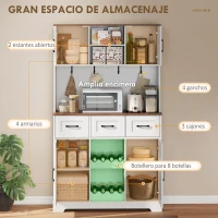 HOMCOM Alacena de Cocina con Botellero para 8 Botellas 4 Puertas 3 Cajones Encimera Amplio 100x38x172 cm Blanco(m-4)