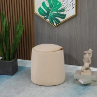 HOMCOM Banco de Arrumação Puff Apoio para Os Pés em Tecido Veludo Acetinado Tampa Reversível Ø 44x47,5 cm Bege(m-6)