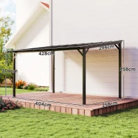 Outsunny Auvent de terrasse env. 3 x 4,3 m, toit de terrasse autoportant avec toit incliné en polycarbonate, fixation murale, gris foncé(m-3)