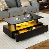 Modern Coffee Table with App-Controlled LED, 2-Drawer and Open Storage, Centre Table with USB-Powered, 100L x 50W x 42.5H cm, Black(m-1)