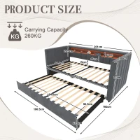 Space-Saving Pull-Out Double Bed with USB Type-C Charging and LED Lighting, Sleeper Sofa with Sturdy Wood, 201L x 100W x 73H cm, Dark Gray(m-3)