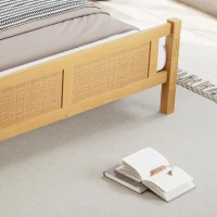 4ft6 Double Bed with Natural Timber Finish and MDF Back Panel, Upholstered Bed with Sturdy Plywood Slats, 199L x 142W x 98H cm, Natural(m-7)