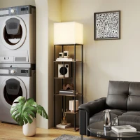 HOMCOM Lampadaire com Prateleiras Candeeiro de Pé para Sala Regulável Controle Remoto 40x29x171 cm Castanho e Preto(m-5)