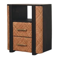 Solid Mango Wood Curved-Edge Rattan Bedside Table with 2 Drawers, Bedside Cabinet with Open Shelf, 40L x 50W x 60H cm, Brown(m-8)