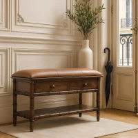 Solid Mango Wood Storage Bench with 2 Smooth-Gliding Drawers, High-Resilience Cushioned Seat with Shelf, 35L x 90W x 55H cm, Brown(m-1)