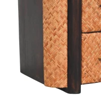 Solid Mango Wood Curved-Edge Rattan Bedside Table with 2 Drawers, Bedside Cabinet with Open Shelf, 40L x 50W x 60H cm, Brown(m-7)