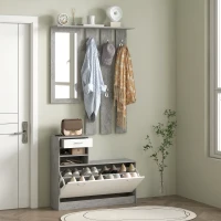 HOMCOM Mobilier pentru Hol cu Raft pentru Încălțăminte, Oglindă, 6 Cârlige, 2 Rafturi și Sertare, 90x24x177 cm, Gri(m-7)