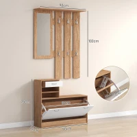 HOMCOM Set Mobilier Modern cu Etajeră pentru Pantofi, Oglindă cu 6 Cârlige, 2 Rafturi și Sertare, 90x24x177 cm, Lemn Natural(m-3)