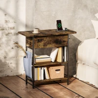 HOMCOM Table d'appoint bout de canapé avec station de charge et sac de rangement, 60 x 29,8 x 58,5 cm, brun rustique(m-10)