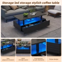 Modern Coffee Table with App-Controlled LED, 2-Drawer and Open Storage, Centre Table with USB-Powered, 100L x 50W x 42.5H cm, Black(m-4)