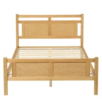 4ft6 Double Bed with Natural Timber Finish and MDF Back Panel, Upholstered Bed with Sturdy Plywood Slats, 199L x 142W x 98H cm, Natural(m-2)