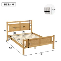 4ft6 Double Bed with Natural Timber Finish and MDF Back Panel, Upholstered Bed with Sturdy Plywood Slats, 199L x 142W x 98H cm, Natural(m-3)