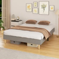 HOMCOM Cadre de lit 140 x 190 cm avec sommier à lattes en bois, lit double rembourré en velours côtelé, gris(m-4)