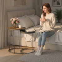 HOMCOM Set of Two Industrial Nesting Tables - Brown/Black(m-8)