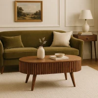 Solid Mango Wood Round Coffee Table with 2 Smooth-Gliding Drawers, Handcrafted Desk for Living Room, 45L x 85W x 38H cm, Brown(m-1)